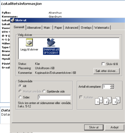 Utskrifter og rapporter Skrive ut informasjon om en lokalitet 1. Søk fram informasjon om en lokalitet. 2. Fra søkeresultatet klikker du på navnet på den lokaliteten du vil skrive ut. 3.
