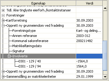 For å se hvilke endringer som har blitt gjort på matrikkelenheten trykker man på Forretninger. Mer detaljer om de enkelte endringene finner man ved å trykke på krysset ved dem.