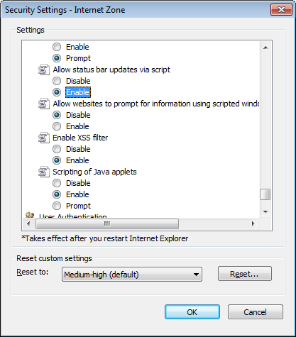 I Firefox endres innstillingene slik: Gå på Tools/verktøy Options/Innstillinger Content/Innhold Velg Advanced på Enable Javascript -linjen og kryss av Change status bar text / Velg Avansert på Tillat