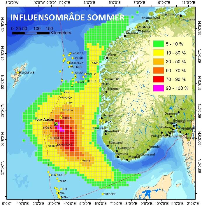 16 av 62 Figur 9. Influensområde for overflateutblåsning fra Ivar Aasen i sesongene vår (mars-mai), sommer (juni-august), høst (september-november) og vinter (desember-februar).