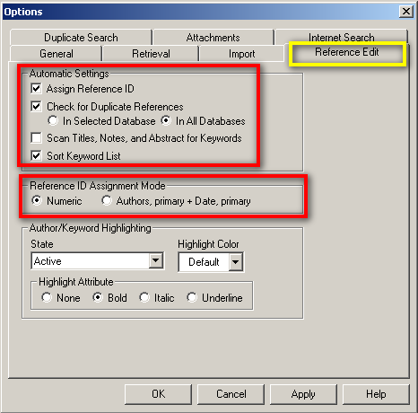 Standard Innstillinger 5 (Reference Edit) Check for duplicate references - sjekke dubletter ved import i basen Scan Titles, Notes, and Abstract for Keywords - hvis man krysser av for dette kan det