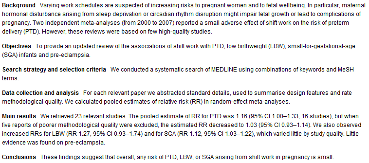 Shift work and pregnancy outcomes: a systematic review with meta-analysis of currently available epidemiological studies Bonzini M, Palmer KT, Coggon D, Carugno M, Cromi A, Ferrario MM.