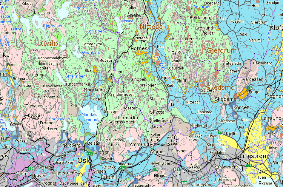 0 Oversiktskart Fig. 1. Kart av løsmasser mellen Oslo og Ask, fra www.ngu.no Fig.