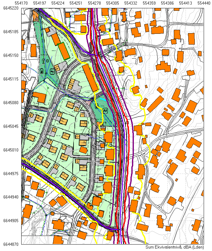 VEDLEGG A: KARTLEGGING AV STØYKOTER, 4 METER BEREGNINGSHØYDE Figur 2: Beregning av støykoter for støy fra Furumobakken, Markaveien og Geithusveien. Veinettet er tegnet med blålilla linjer.