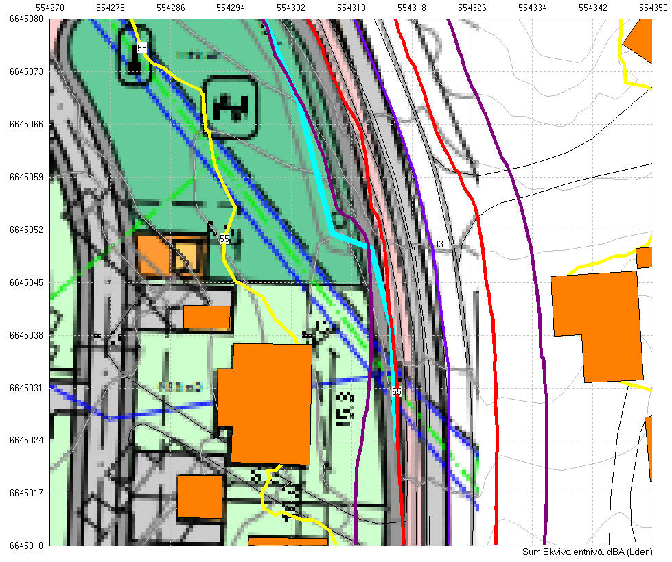 VEDLEGG D: KARTLEGGING AV STØY I 2. ETG. FOR BOLIG 4 VED OPPFØRING AV 2 METER HØY SKJERM LANGS GEITHUSVEIEN Figur 5: Beregning av støykoter for støy fra veitrafikkstøy.