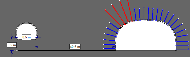 Figur 35: Dimensjonene til modellene sør for forkastningssonen Avstanden til Holmestand tunnelen fra den sørlige trompeten er rundt 40 m, dette er målt utfra plantegning UVB-53-C-14005.