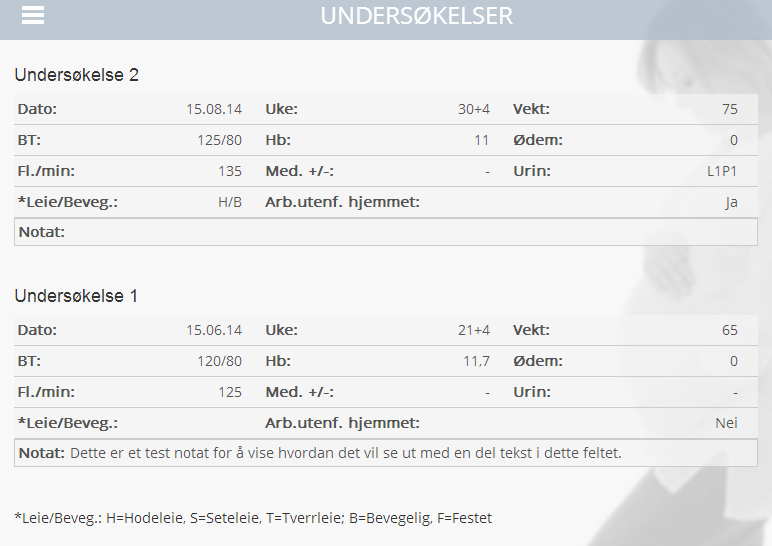 2.9.10 Undersøkelser Denne nettsiden blir linket til fra undermenyen i Mitt Svangerskap beskrevet i punkt 2.9.3.3 Undermenyen.