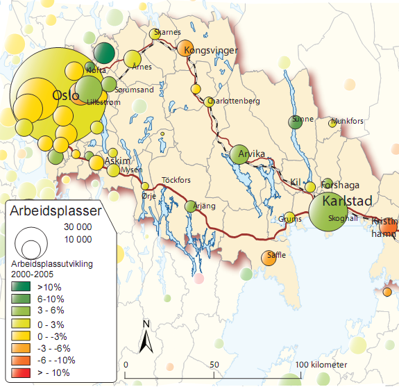 2.2 Utviklingen skjer på tvers av grensen For Indre Skandinavia har innpendlingsområdet og vekstsonen rundt Oslo vokst utover og gradvis krysset grensen til Sverige.