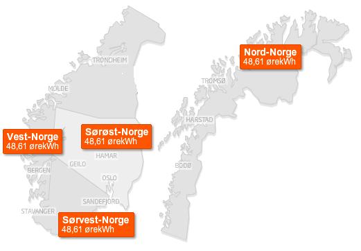 Prisområder Områdepriser mai Alle priser i øre/kwh Midt-Norge 22,1 Nord-Norge 21,46 Vest-Norge 20,24 Sørøst-Norge 20,24 Sørvest-Norge 20,23 Norge er inndelt i fem prisområder Nord- (NO4), Midt-