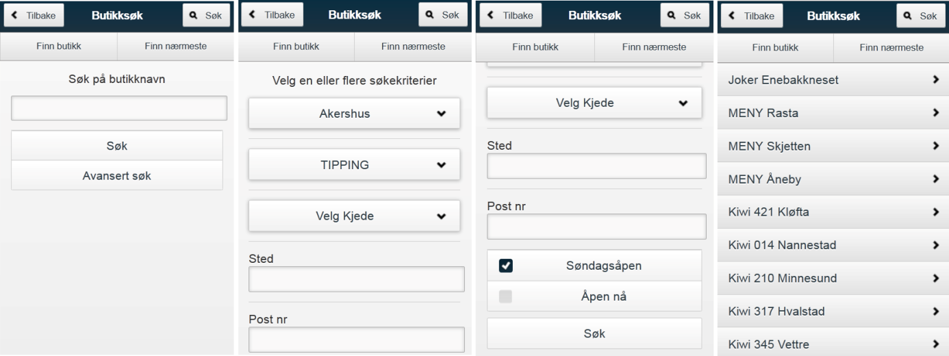 Brukermanual for mobil webside gruppe 10 Våren 2012 For å finne en butikk ved å søke med avanserte søkekriterier: 1. Velg Søk 2. Velg Avansert søk 3.