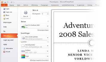 Hvor er Forhåndsvisning? I PowerPoint 2010 vises ikke Forhåndsvisning lenger i et eget vindu. Se etter det i Backstage-visning, sammen med andre nyttige utskriftsrelaterte innstillinger.