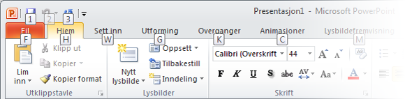 CTRL+C kopierer for eksempel fortsatt merket informasjon til utklippstavlen, og SKIFT+F10 viser hurtigmenyen under en presentasjon. Mange av de gamle hurtigtastene er også tilgjengelige fortsatt.