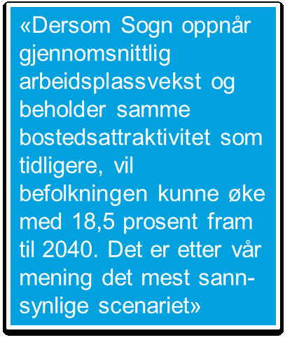 Innvandring forklarer folketalsvekst, likevel svak Sogndal relativt høg vekst i folketal Svak arbeidsplassutvikling, men betre enn landssnittet dei tre siste åra (Leikanger, Sogndal, Aurland)