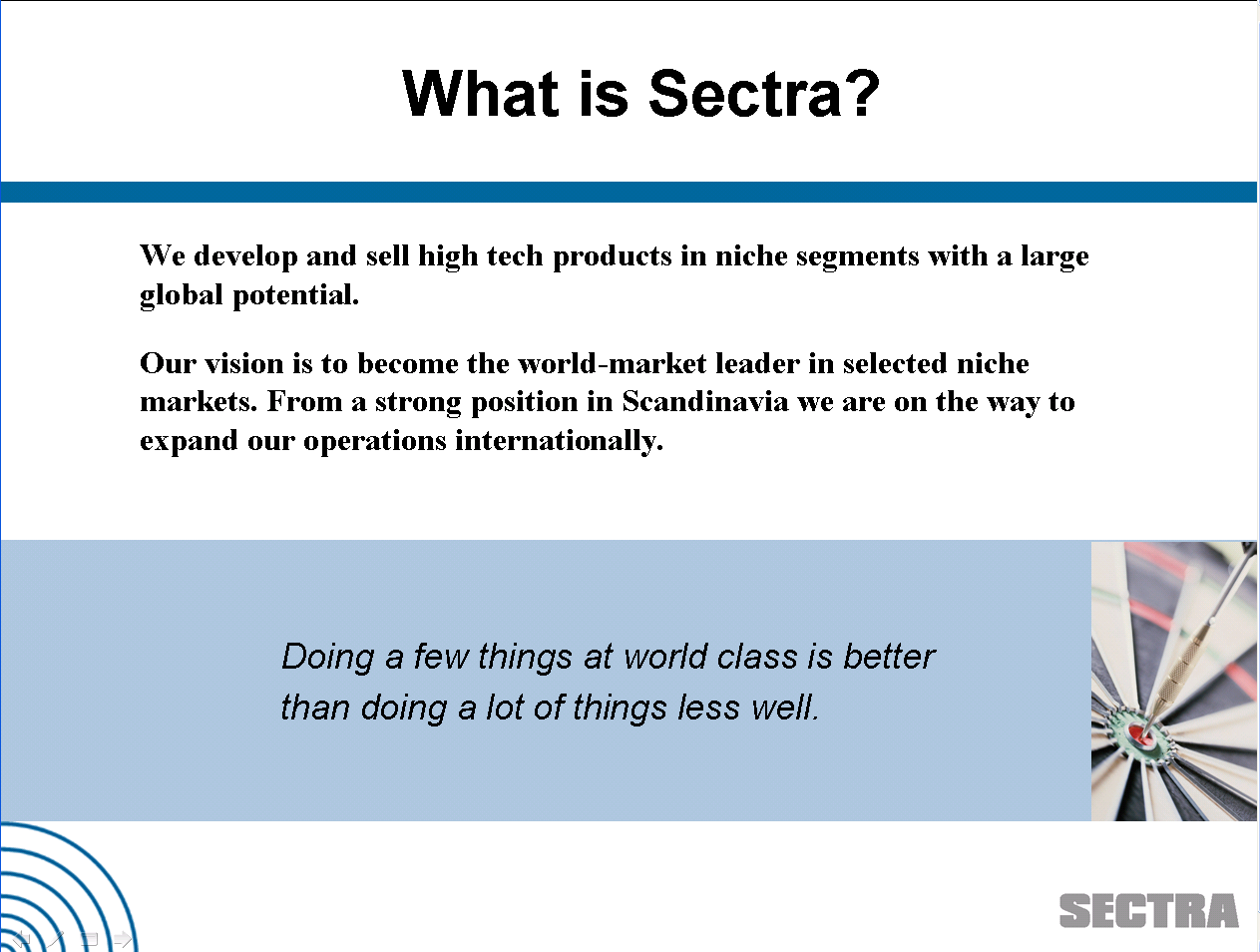Hva er Sectra? * Grunnlagt i 1978 * Utvikling og salg av høyteknologiske produkter innen ekspansive nisjer.