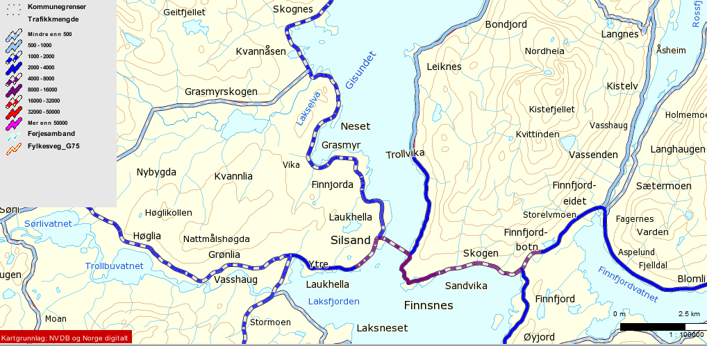 2.1 Vegnett og trafikktall - årsdøgntrafikk (ÅDT) Figur 3 Vegnett og årsdøgntrafikk (ÅDT) Finnsnes-Silsand Strekningen Buktamoen-Finnsnes har en ÅDT på mellom 2000 og 4000.