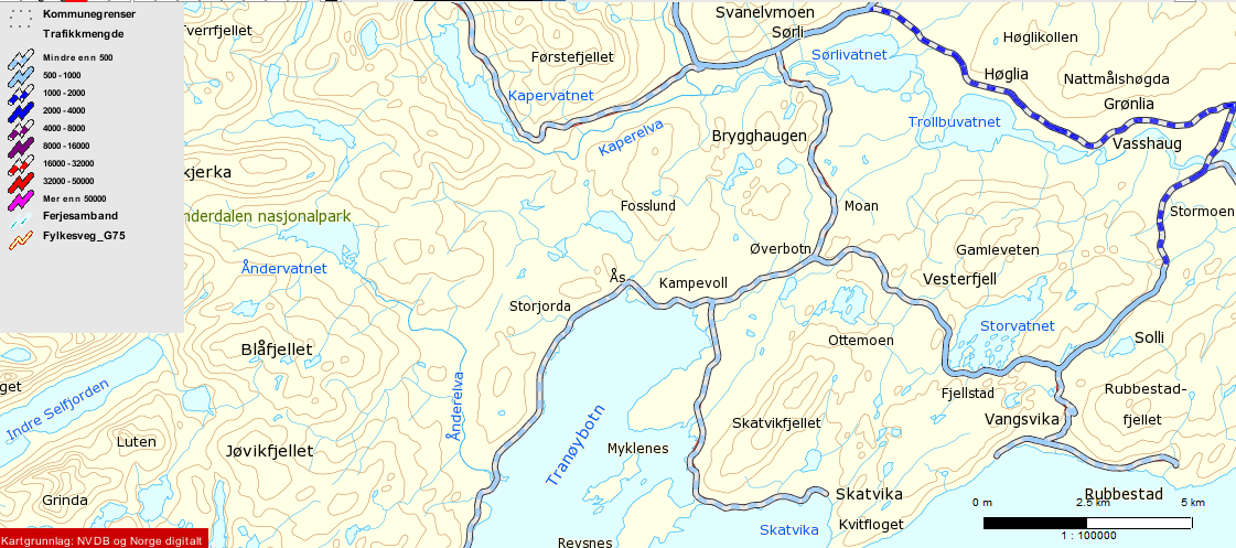 Figur 5 Vegnett og årsdøgntrafikk (ÅDT) sør-senja Fra Laukhella mot Svanelvmoen og Vangsvik (Fv 860) ligger ÅDT mellom 1000 og 2000.