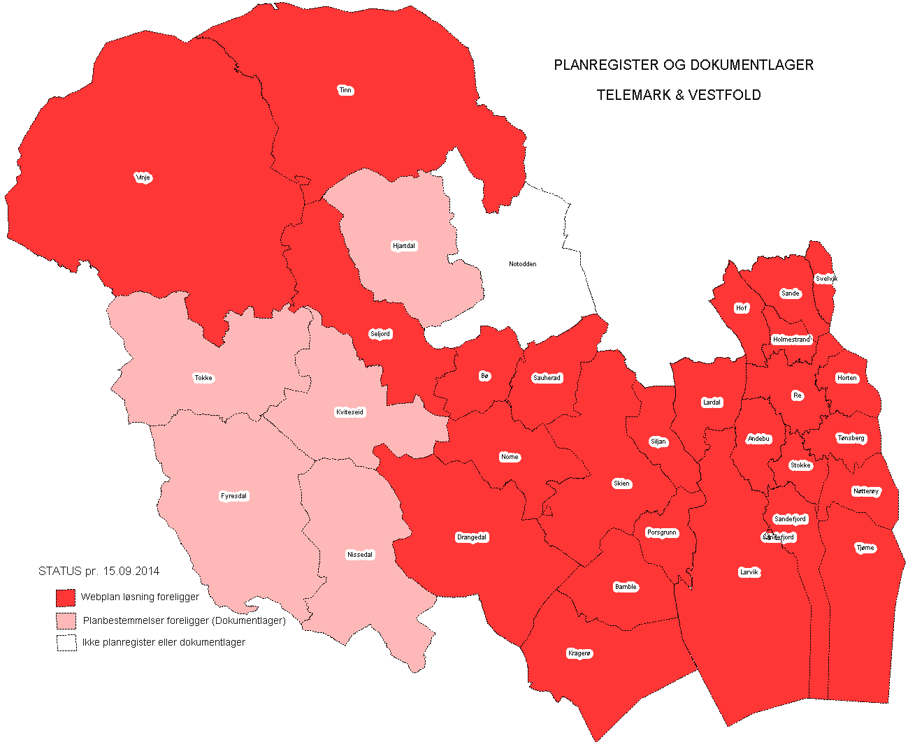 Oversikten viser hvilke kommuner som har digitalt planregister (se kravene i kart- og planforskriften 12) (26 stk.