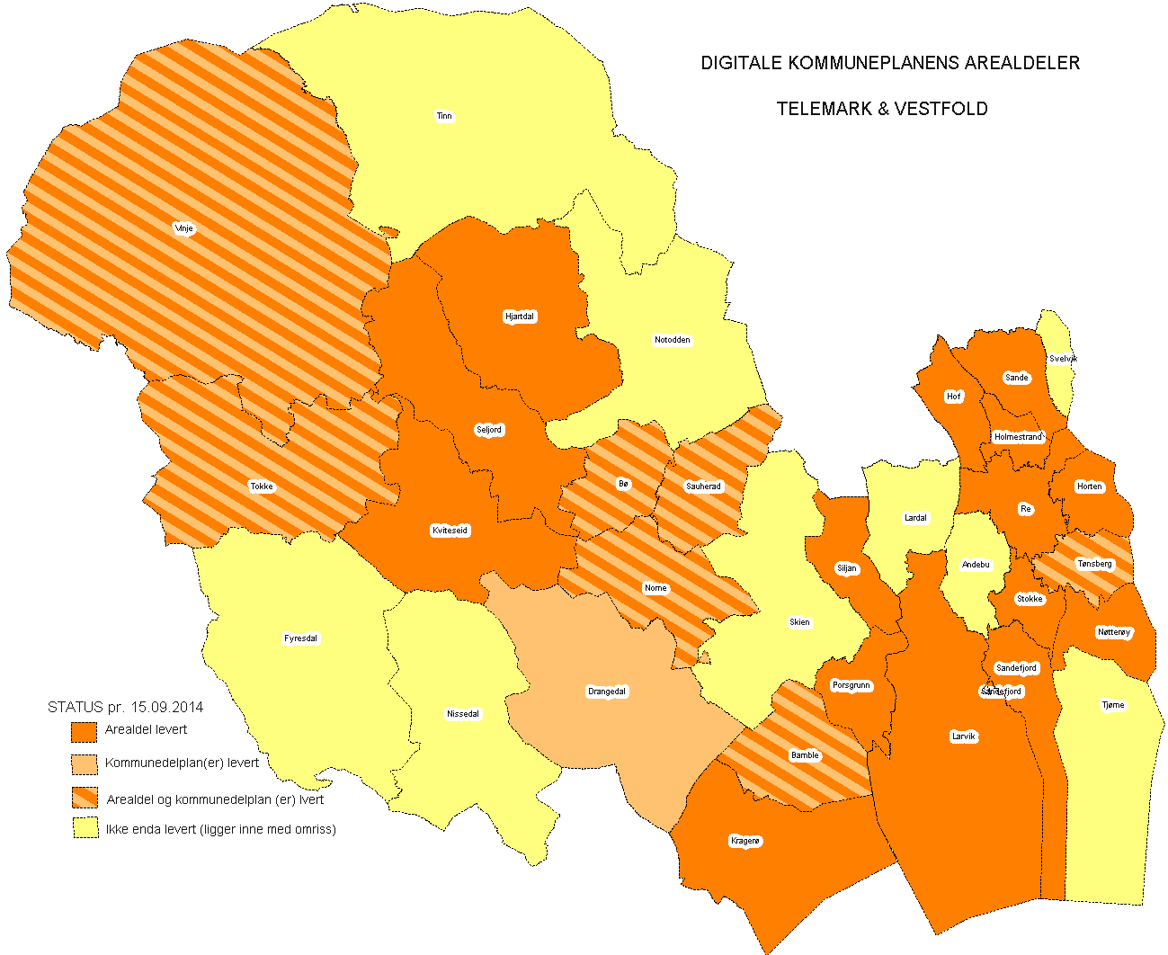 32 av 32 kommuner er tilgjengelig med kommuneplandata i den nasjonale planportalen. o For 9 kommuner er kommuneplan kun representert med planområder med tilhørende dokumenter (leveransenivå K1).