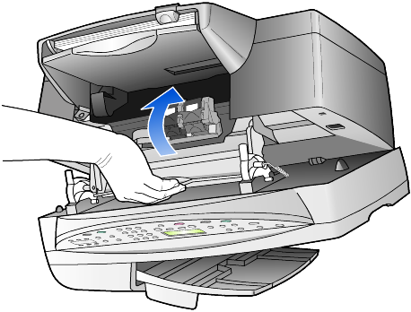 vedlikehold av hp officejet Pass på ikke å sette teipen på blekkpatronene igjen da dette kan skade skrivehodet. 5 Skyv den nye blekkpatronen inn i det riktige sporet.