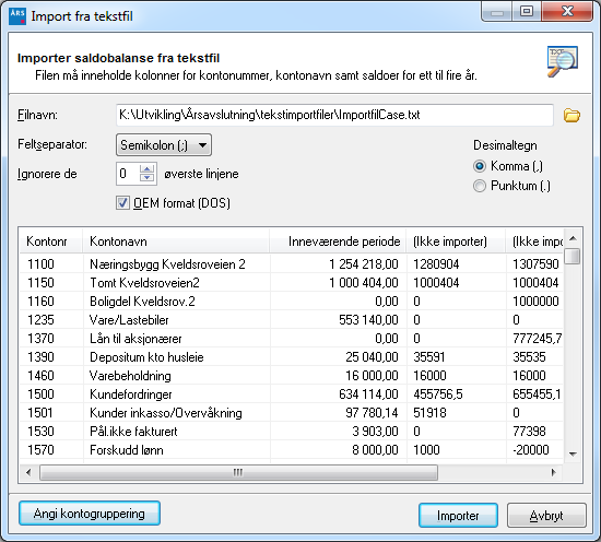 Import fra tekstfil Denne importen lar deg importere filer som inneholder saldobalanse på tekstfilformat (csv-fil, txt-fil, sdv-fil).