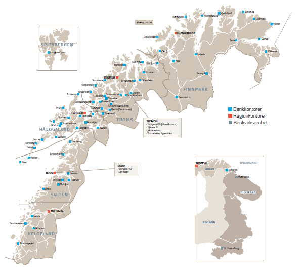 En landsdelsbank basert på tilstedeværelse Hovedkontor i Tromsø Organisert i 5 regioner Del av SpareBank 1 alliansen Norges nest største finansgruppering