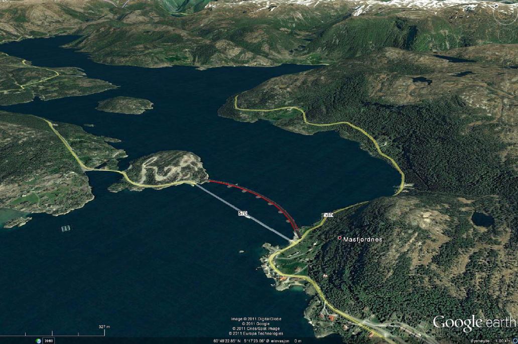 Figur 2. Illustrasjon av flytebru (Vegdirektoratet). Ei flytebru over Masfjorden er samanlikna med Bergsøysundbrua som er den andre flytebrua som er bygd i Norge.