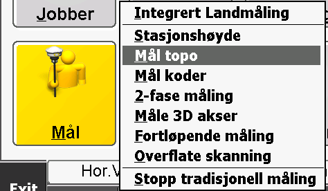 Innmålinger Når man har foretatt stasjonsetableringa, trykker man nok en gang på "Mål", og man får da følgende alternativer: Disse alternativene vil bli beskrevet: 1.