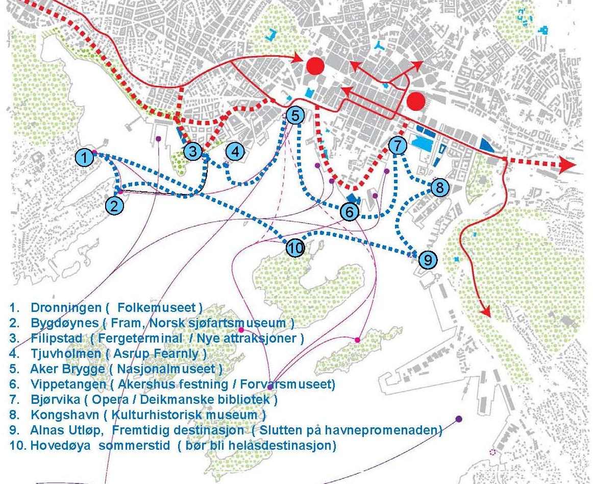 Turistbåten Rundtur Rådhusbrygga Bygdøynes Nesoddtangen (-Husbergøya) Ingierstrand Hvervenbukta Hovedøya Rådhusbrygga. Tilbudet om sommeren kan inkludere guiding og enklere servering.