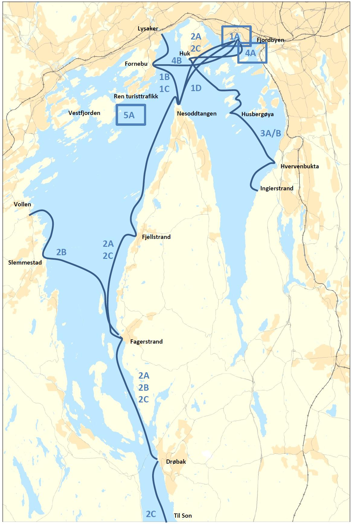 Vurderte tilbudsutvidelser 1A Forbedret rutetilbud til øyene i Oslo, basert på terminal Rådhusbrygga 1B Utvidelse av hurtigbåtruten Nesoddtangen Lysaker til via Fornebu 1C Økt kapasitet og frekvens