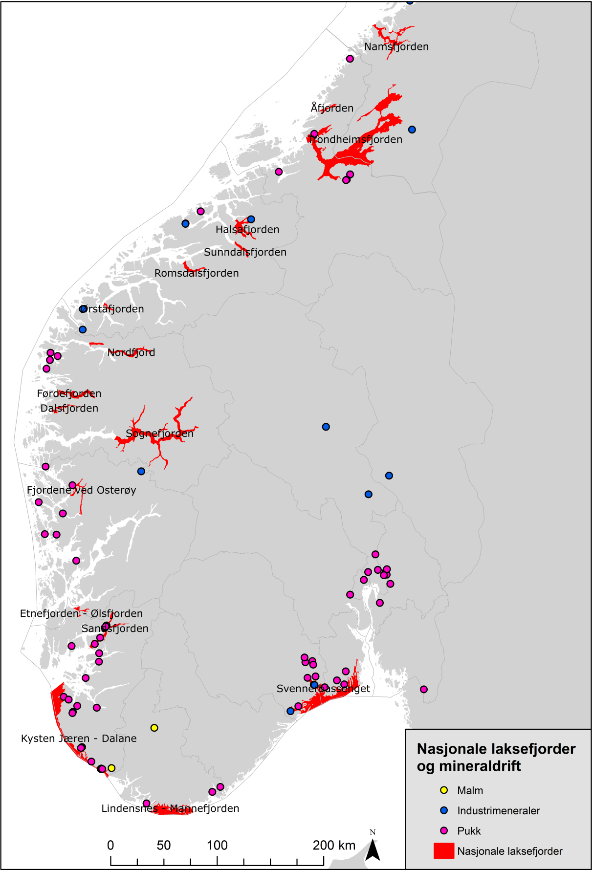 Figur 2-2 Oversikt over nasjonale laksefjorder og mineraldrift i Norge.