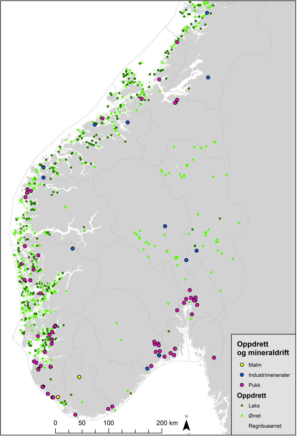 2.3 Bergverksindustri i tilknytning til oppdrettsnæring Oppdrettsanlegg for laksefisk er spredt langs nær sagt hele kysten, særlig i fjordene fra Vestlandet til Finnmark.