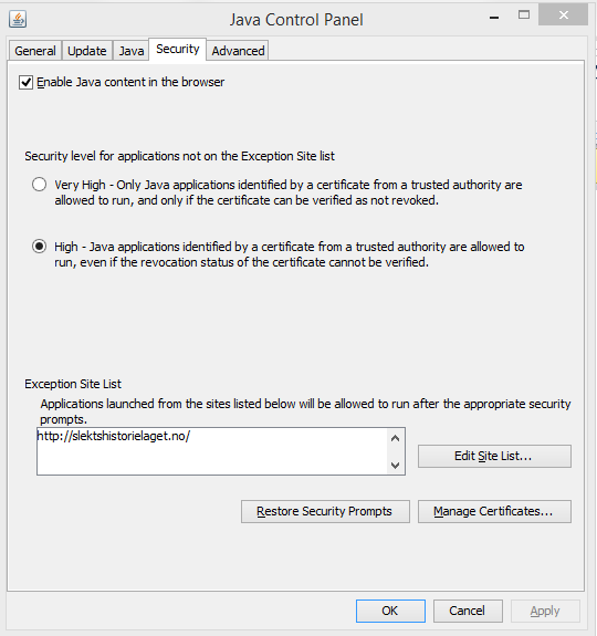 3. Så skal vi konfigurere Java. I "Java Control Panel" (se 2.c over), trykk på arkfanen/fliken "Security" nesten øverst.