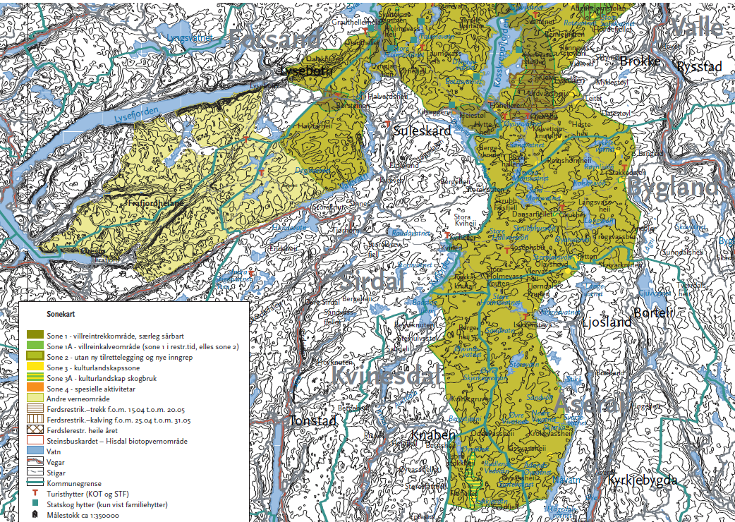 Temakart over trekk- og kalvingssoner i Setesdal Vesthei-Ryfylkeheiane