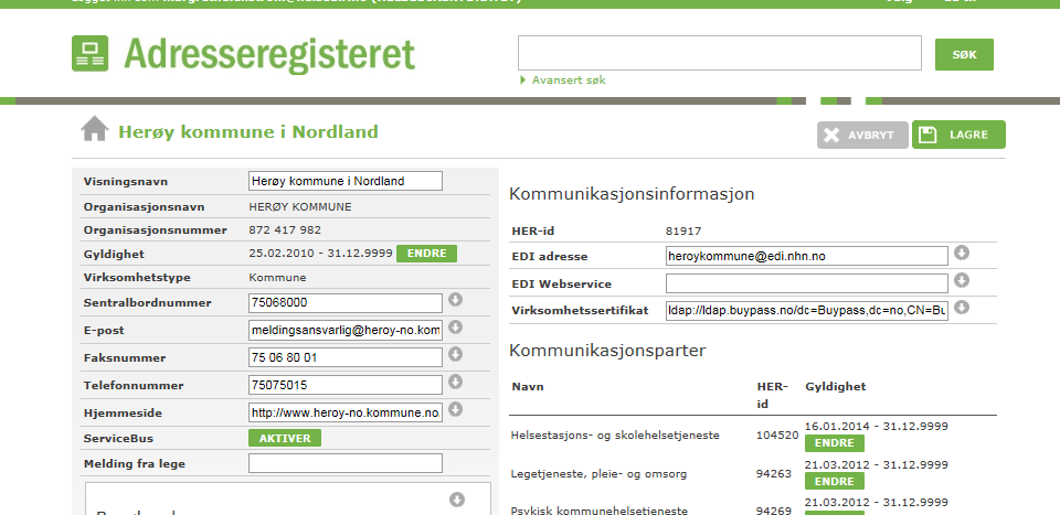 Vis-knappen til høyre for kommunikasjonspartene, synliggjør all informasjon som skal til for å adressere til kommunikasjonsparten, og LDPA-søkestrengen som kan benyttes til å hente dens