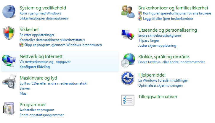 Dersom du har Windows Vista Klikk på «Startknappen» og velg «Kontrollpanel» Kontrollpanel åpner seg i Kategorivisning (som nedenfor).