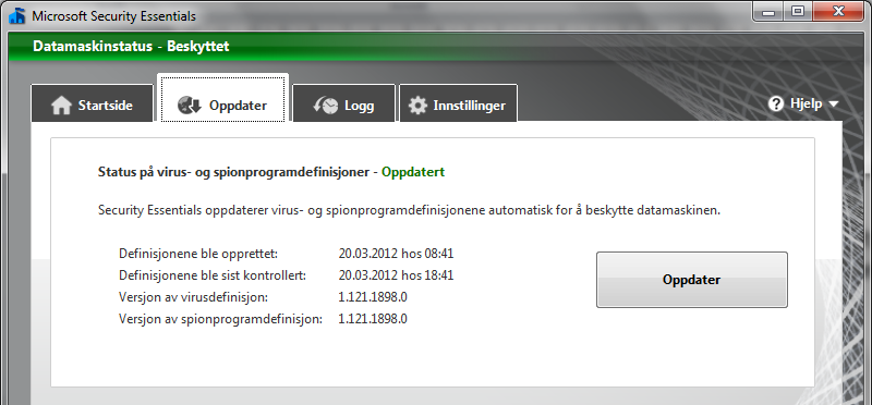 1.Installer antivirusprogram og oppdater den Oppdateringer gjelder for alle programmer på din PC, men det er spesielt viktig for f.eks. ditt antivirus program Mange antivirusprogrammer som f.eks.microsoft Security Essentials har automatisk oppdatering.