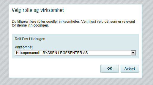 Hvis du har flere mulige arbeidssteder eller flere roller blir du bedt om å bekrefte arbeidssted og rolle: Samtykke I prinsippet er det krav om samtykke for å åpne en pasients kjernejournal, men en