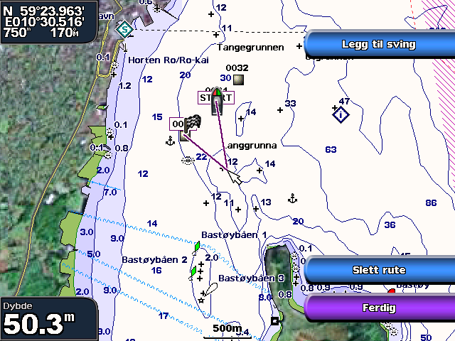 Navigasjon Bestemmelsessted valgt 4. Velg Naviger til > Rute til. 5. Angi posisjonen der du ønsker å ta den siste svingen mot bestemmelsesstedet.