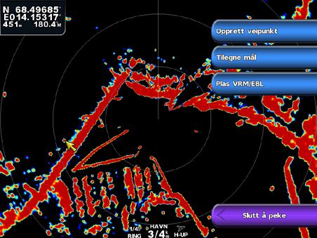 Radar Tilordne et MARPA-merke til et objekt Merk: MARPA krever at du bruker et kompass og et aktivt GPS-signal.