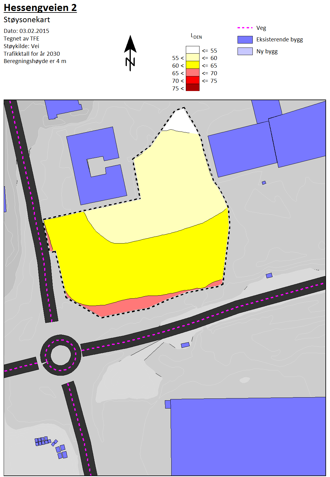 Vedlegg 3: Støysonekart Støysonekart beregnet i 4 meters høyde. Beregnet år 2030.