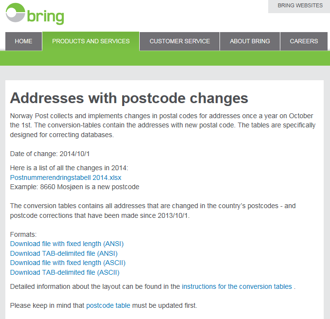 Informasjon til oppdatering av egne adresseregistre legges ut på bring.no: You can find all information about the postal changes at the bring.