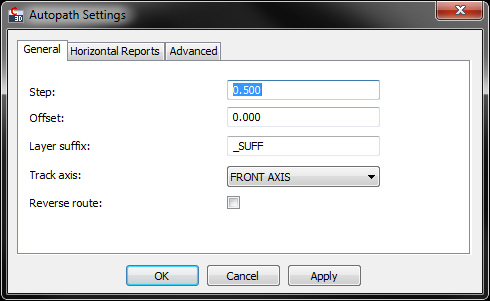 Current tire angle. By clicking a dialog box for setting the swept path analysis parameters opens. The box contains three tabs:»general«,»horizontal reports«and»advanced«.