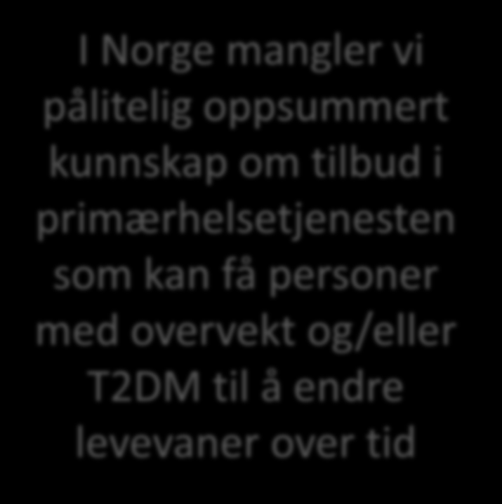 Bakgrunn Pubmed: - Primary healthcare+ lifestyle intervention - + type 2 diabetes, overweight + USA= 160 treff + Finland = 29 treff + Sweden= 13 treff + Norway = 4