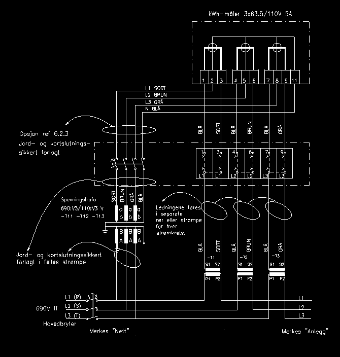 Vedlegg 6. Transformatorkoblet 690V/100V anlegg 3 fase-alt.2 Allpolig automatsikring.