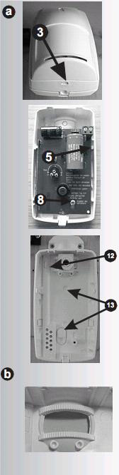 Dette gjøres ved hjelp av en skrutrekker i punkt(3). NB! Rør ikke PIR sensoren! Fjern printkortet ved å løsne skruen (8) og deretter hekte dette av ved festet (5).