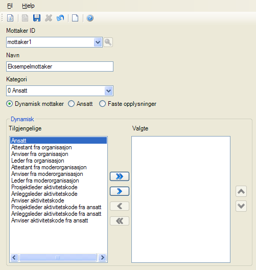 Dynamisk mottaker er for mottakere hvor systemet skal slå opp den faktiske mottakeren basert på data tilhørende en varslingsoperasjon. Du må sette opp en prioritert liste over dynamiske mottakere.