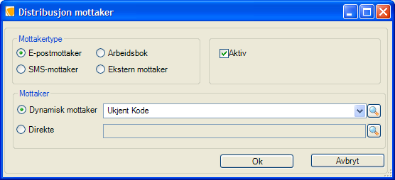 Klikk på Opprett ny mottaker for å legge til en ny mottaker. For å slette eksisterende mottakere kan du markere mottakeren i listen, og trykke på Slett valgte mottaker(e).