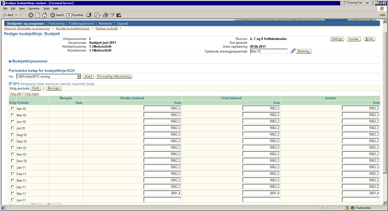 o Ta ut PA04 for å se forbrukte kostander f.eks pr 31.12.2010 o Velg under Rediger på linjen for aktuell aktivitet.