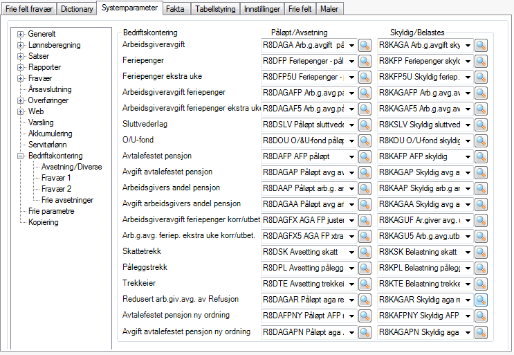 Systemparameter Bedriftskontering Feriepenger PÅLØPT - R8DFP Konteringskode for resultatkonto for påløpte feriepenger. SKYLDIG - R8KFP Konteringskode for balansekonto for skyldige feriepenger.