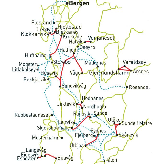 Aksdal i kryss med E134. Skal ruta Bergen Stavanger gå innom Haugesund vil det verte eit tillegg i tid på om lag 30 minutt med dagens vegstandard, føresett at ruta går fv.